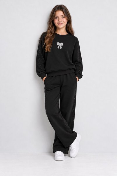 CansınMini Black Girls' Bow and Stone Decorated, Sequined Side Cuffed Crew Neck Sweatshirt Set 25019