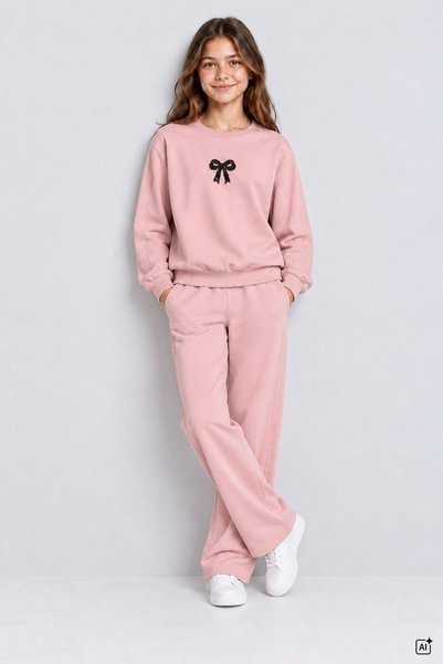 CansınMini Salmon Girl's Bowknot and Stone Decorated, Sequined Side Cuffed Crew Neck Sweatshirt Set 25023