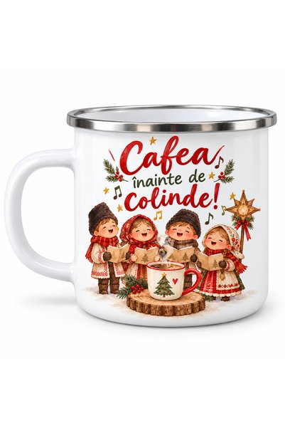 OEM Cană emailată Cafea înainte de colinde, metal emailat, albă