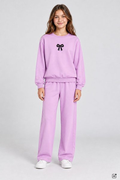 CansınMini Lila Girl's Bow and Stone Decorated Side Sequined Crew Neck Tracksuit Set 25021