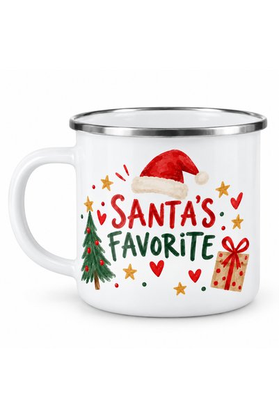 OEM Cană emailată Santa's Favorite - Ilustrație festivă, metal emailat, albă