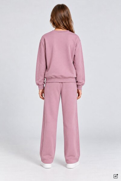 CansınMini Dusty Rose Girls' Bow and Stone Decorated, Sequined Side Cuffed Crew Neck Sweatshirt Set 25024
