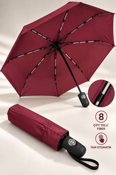 Rota Tam Otomatik 8 Çift Telli Dayanıklı Fiber Tel Şemsiye - RT-3020W - Bordo