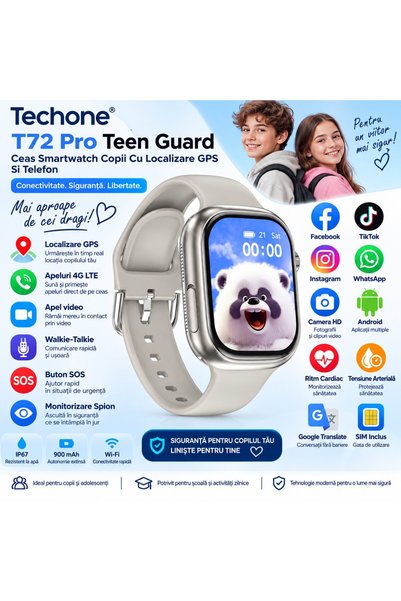 Techone Έξυπνο ρολόι παιδικό με εντοπισμό GPS, Τηλέφωνο T72 ProTeenGuard, Γου...