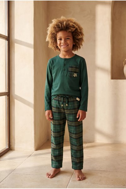 Katia&Bony Erkek Çocuk Dear Santa Kaplumbağa Nakışlı Ekoseli Pijama Takımı Yeşil