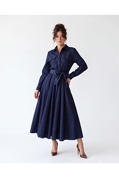 Womengrom Women's Dark Navy Blue 100% Cotton Denim Jeans Dress Belted Long Flared Shirt Dress