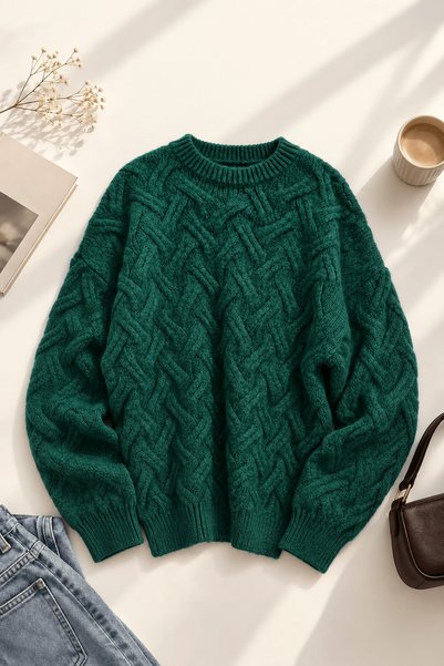 Hepsi Moda Crew Neck Ivy Knit Pattern Knitwear Sweater - Emerald Green