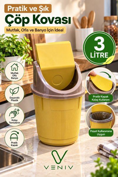 VENİV 3 Litre Sarı Çöp Kovası – Pratik Kapaklı, Dayanıklı Plastik, Mutfak ve ...