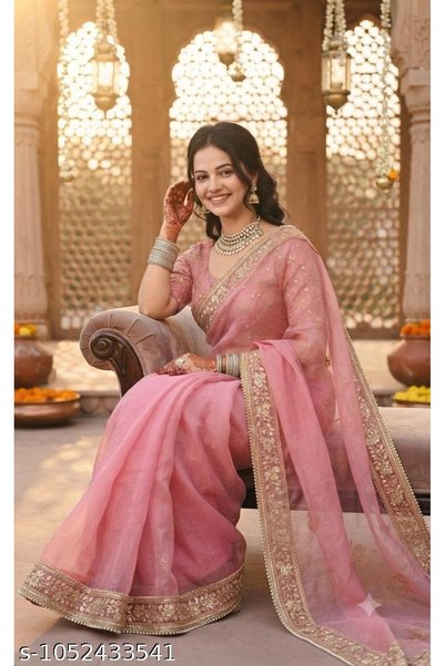 Generic Brand Party Wear Fancy Saree Net Pink Color Bling Lace Border with Ma...