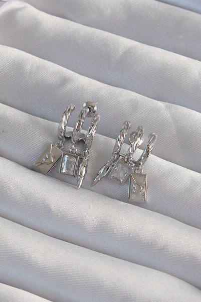 BlackCraft Brass Silver Color Zircon Stone Half Hoop Ribbed Earrings with Mul...