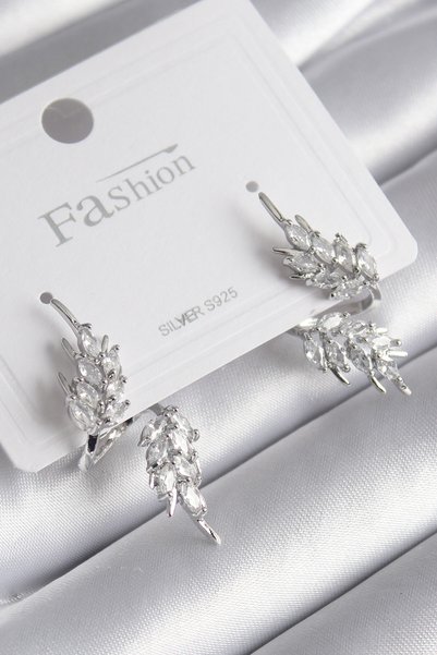 BlackCraft Brass Silver Color Zircon Stone Leaf Model Women's Earrings