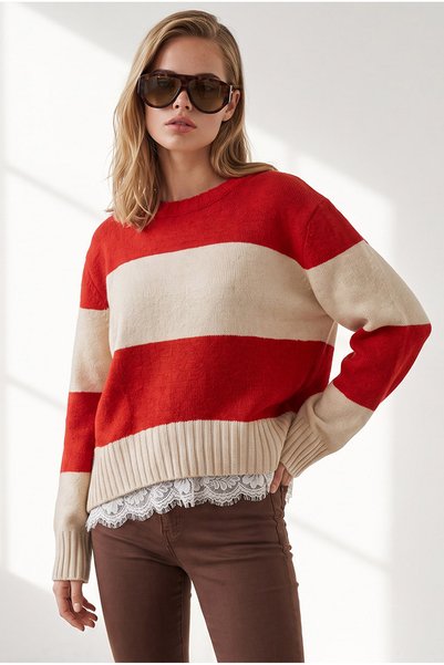 Olalook Women's Red Stone Thick Striped Lace Detailed Knitwear Sweater Kzk-19...