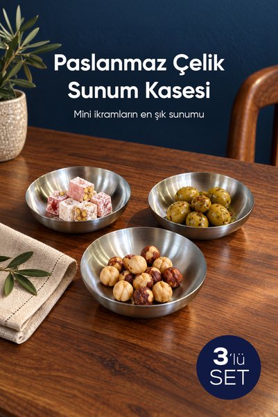 Vienev 3'lü Paslanmaz Çelik Sunum Kasesi 10 cm Mini İkramlık Çerezlik Tatlı S...