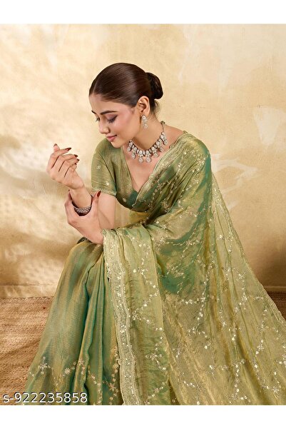 Generic Brand TTH Women's Organza Saree with Blouse Piece | Sequin Zari Flora...