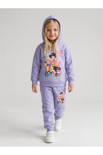 LUFFY KİDS Girl's Patterned 3-Yarn Hooded Elasticized Leg Sweatpants Set - 26...