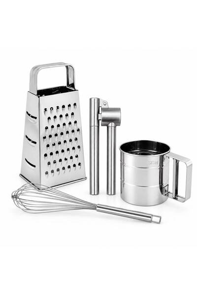 Sahfa Inox Premium 4-Piece Kitchen Set - Grater, Garlic Crusher, Flour Sieve, Whisk