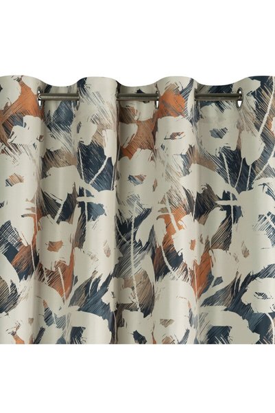 Eurofirany Perdea AMBRA decorativa, semitransparenta, cu imprimeu floral elegant bej si bleumarin, cu inele, dimensiuni 140x250 cm, perfecta pentru living, dormitor, bucatarie moderna