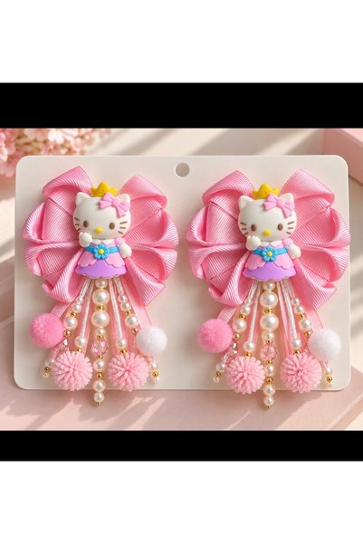 zamansız takı 🎀   Pink Bow Hair Clip with Hello Kitty Figure