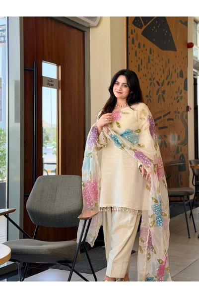 MYSMAR Ivory Cream Natural Crepe Kurti Set with Farshi Shalwar & Organza Dupa...