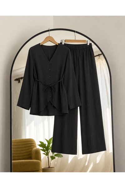 Hepsi Moda V-Neck Buttoned Trousers Suit - Pck - 6188 - Black