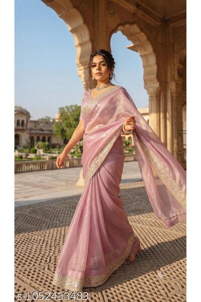 Generic Brand Stylish Flower Embroidered Saree with Blouse Piece for Women's ...