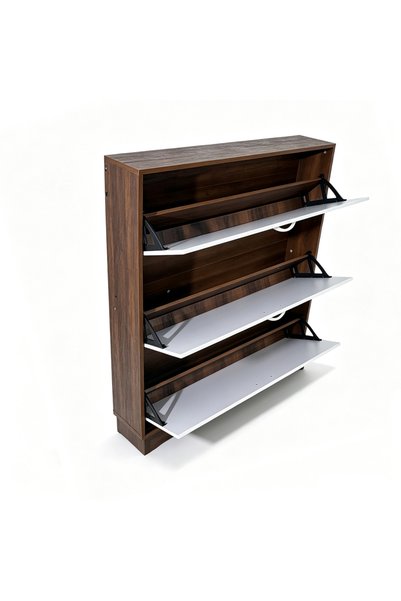 RahaShop 3 Flip Drawers Shoe Cabinet, Walnut Frame White Tipping Shoe Storage Cabinet with Wooden Legs, Modern Slim Shoe Rack Organizer for Entryway Hallway Home