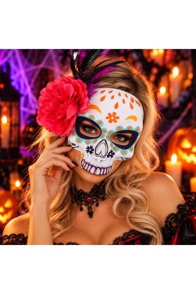 Koopman Santa Muerte Mask for Halloween, with pink flower and feathers, multi...