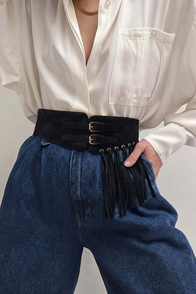 Fulla Moda Püsküllü Çift Tokalı Süet Korse Kemer