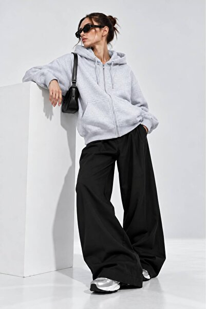 Hira Online Oversize Unisex Three-Thread Ribbed Zippered Hooded Sweatshirt