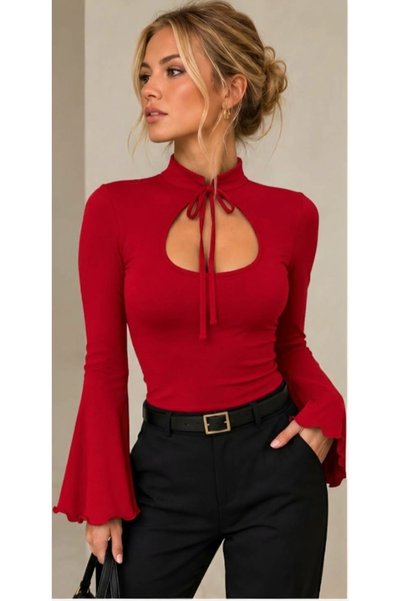 charango Women's Low-Cut Chest, Tie-Up Detail, Spanish Sleeves, Decorative Stitching, High Collar, Red Stylish Blouse