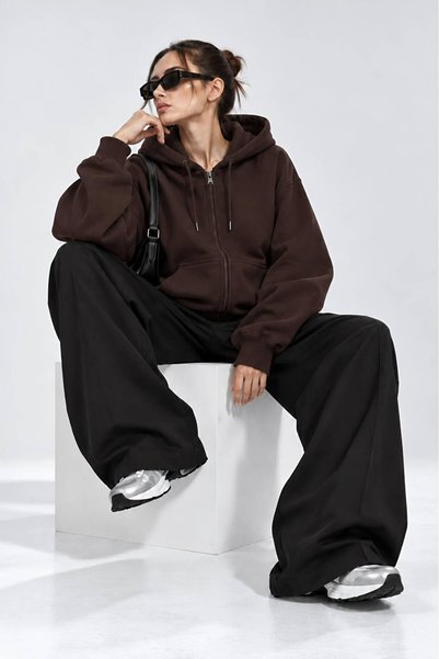 Hira Online Oversize Unisex Three-Thread Ribbed Zippered Hooded Sweatshirt