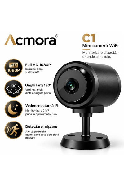 Acmora Mini Camera de Supraveghere WiFi C1, Full HD 1080P, Unghi Larg 130°, V...
