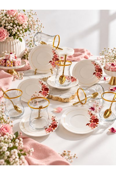 Hooly Home Gülpembe Model 6 Kişilik 12 Parça Lüks Çay Seti