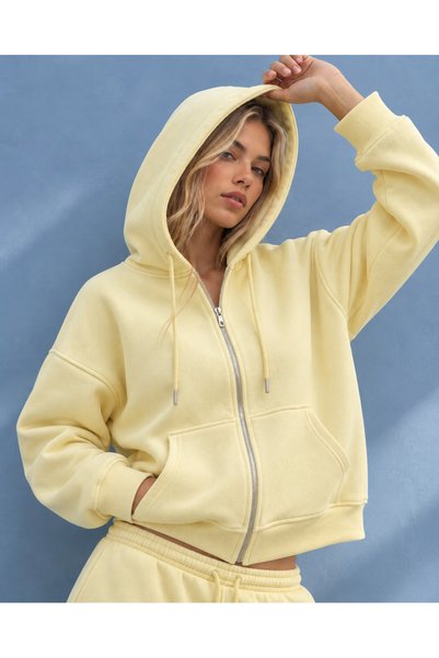 CrepTekstil Women's Light Yellow Hooded Zippered Oversize 3 Thread Rastered S...