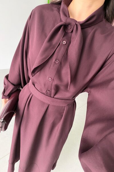 SHILSEE BEUTİQUE April Dress with Scarf Collar and Belt Detail in Maroon