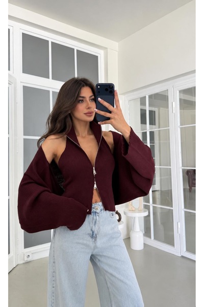 EMİX TREND GİYİM Off-The-Shoulder Double Zipper Balloon Sleeve Knitwear Crop Cardigan.