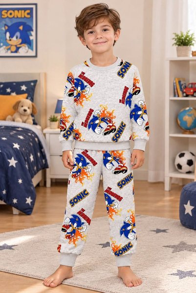 ALİŞ KİDS Boy's Cotton Fleece-Lined Gray Sonic Patterned Long Sleeve Winter P...