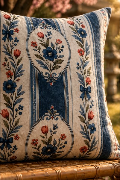 SasoHome Midnight Garden Floral Stripes |   Navy Blue Cream Floral Striped Decorative Throw Pillow Cover |   Vintage Botanical Living Room Decor