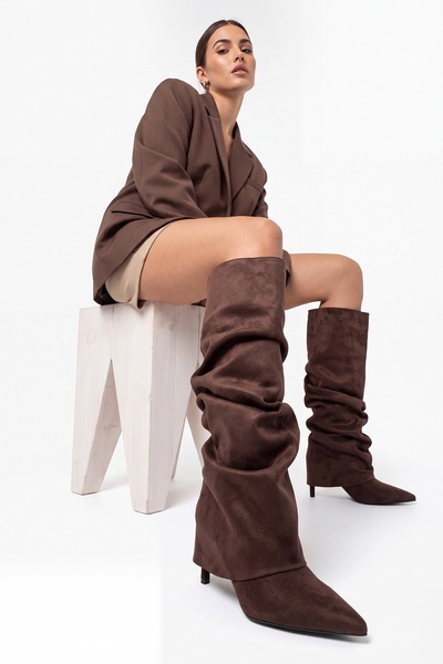 LuviShoes Wren Brown Suede Bellows Women's Thin Heeled Boots