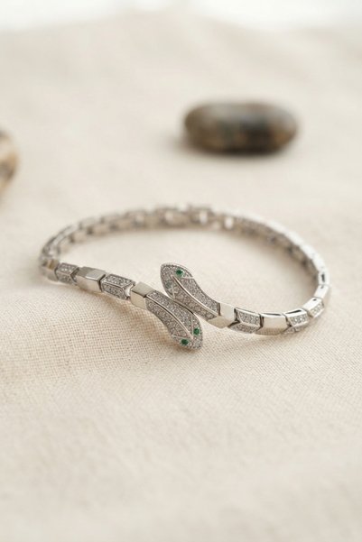 BlackCraft Silver Color Brass Zircon Stone Snake Model Women's Bracelet
