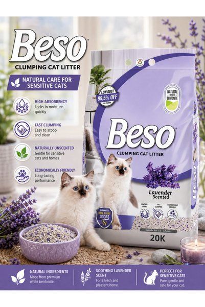 Beso بيسو رمل قطط متكتل برائحة اللافندر – 20 كجم