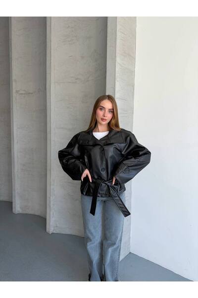 ÇEÇİM Women's Stand Collar Belted Leather Look Jacket