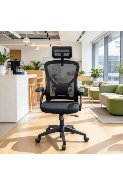BESTONE Office Chair with Wheels, Flip-Up Armrests, 135° Reclining Backrest, Height Adjustable Seat and Headrest, Ergonomic Design for Long Sitting