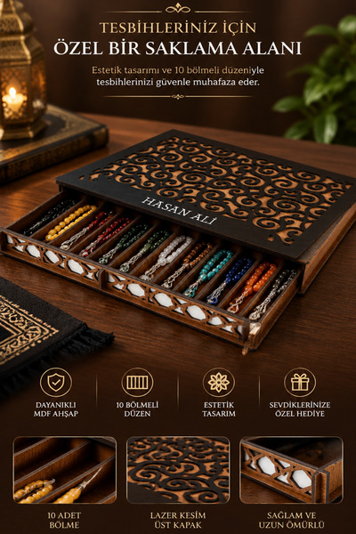 kutuTR Kişiye Özel Ahşap Tesbih Kutuları Tekli, 2, 3, 4 ve 5 Katlı Modeller Lazer Kesim Siyah Desenli Kapak (İnce Tesbihler İçin) TDS004