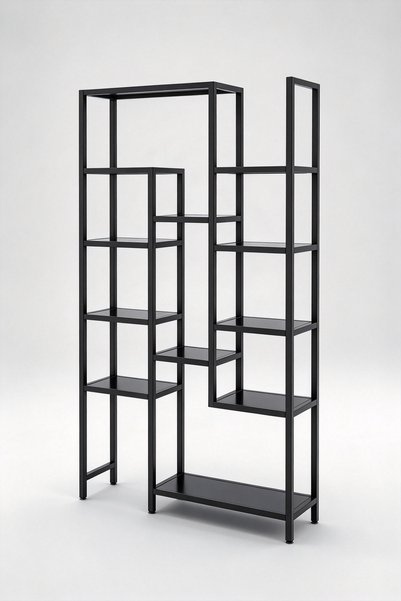 Generic Brand FFD Black Metal & Glass Bookshelf, Asymmetric Tall Narrow Etage...