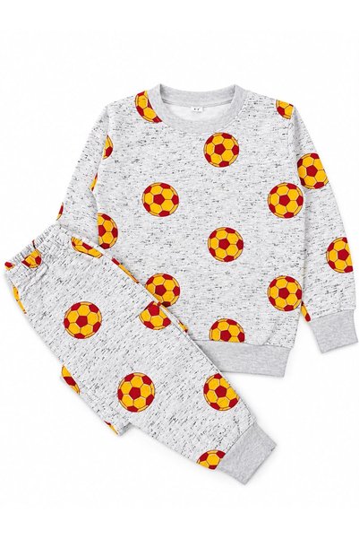 tusem butik homewear Boy's Cotton Gray Top Patterned Long Sleeve Winter Pajama Set