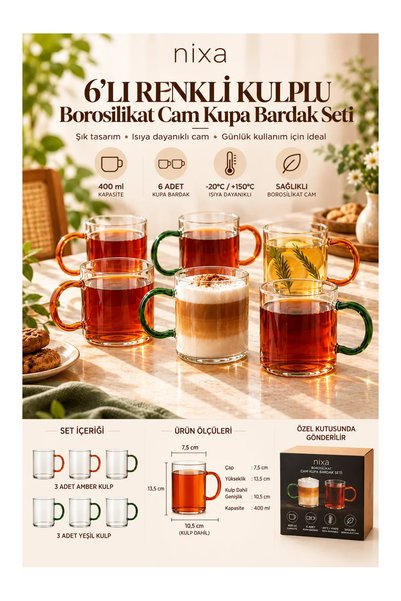 Nixa 6'lı Renkli Kulplu Borosilikat Cam Kupa Bardak Seti 400 ml – 3 Yeşil 3 A...