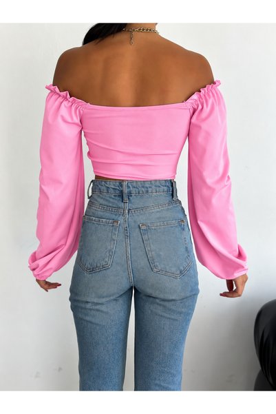 QUTTA Women's Candy Pink Square Neck Striped Long Balloon Sleeve Diver Fabric Crop Blouse