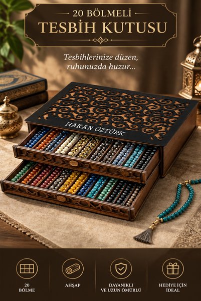 kutuTR Kişiye Özel Ahşap Tesbih Kutuları Tekli, 2, 3, 4 ve 5 Katlı Modeller Lazer Kesim Siyah Desenli Kapak (İnce Tesbihler İçin) TDS004