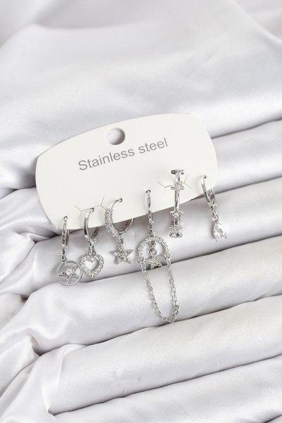 BlackCraft 316L Steel Silver Color Zircon Stone Chain Detailed Women's Earrin...